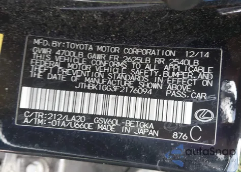 2015 Lexus Es 350 z USA, uszkodzony, nr VIN JTHBK1GG3F2176094